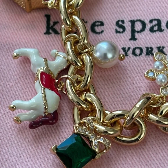 NWOT Kate Spade Gold Tone Charm Bracelet with Pearl & Enamel Accents - Picture 7 of 8